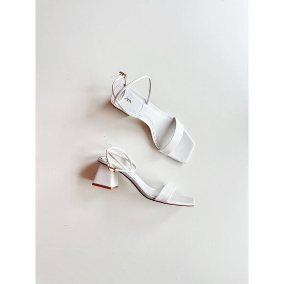 ZARA White Faux Leather Square Toe Strappy Block Heel Wraparound Sandals Size 39 - Picture 1 of 13